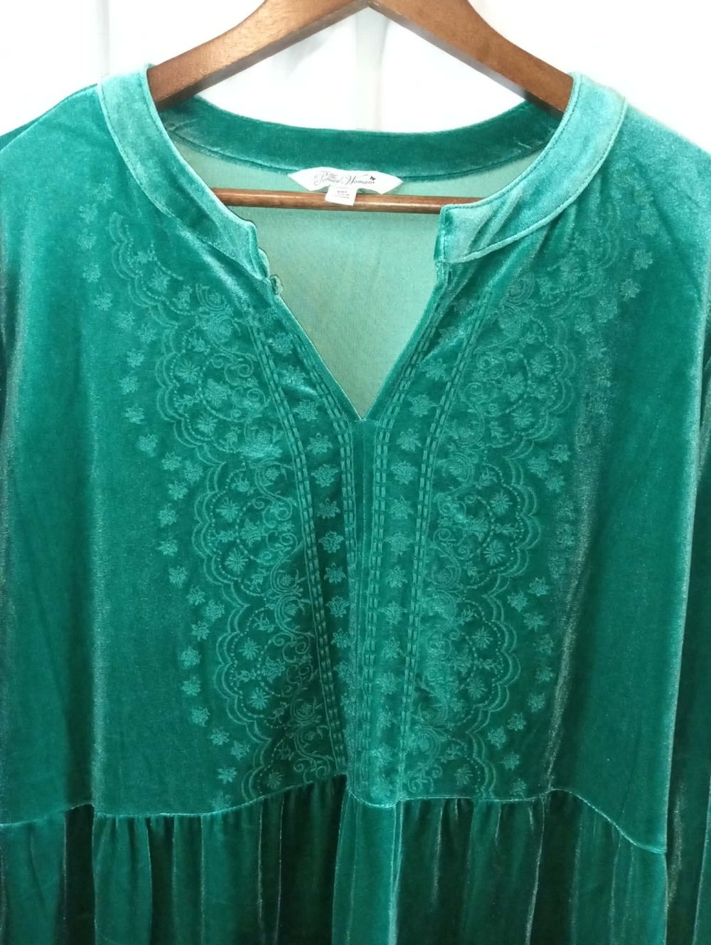 XXL Plus Pioneer Woman Velvet Embroidered Shirt Flowy Stretch Green Goth Peasant - Picture 3 of 6